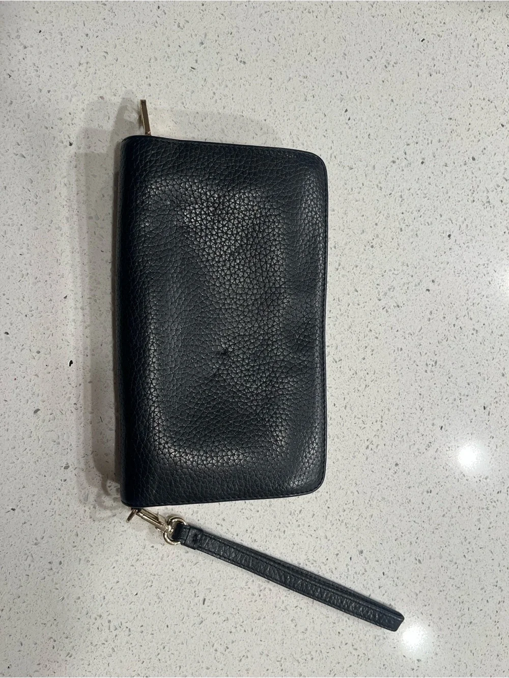 Tory Burch Black Pebbled Leather Zip-Around Wristlet with Logo